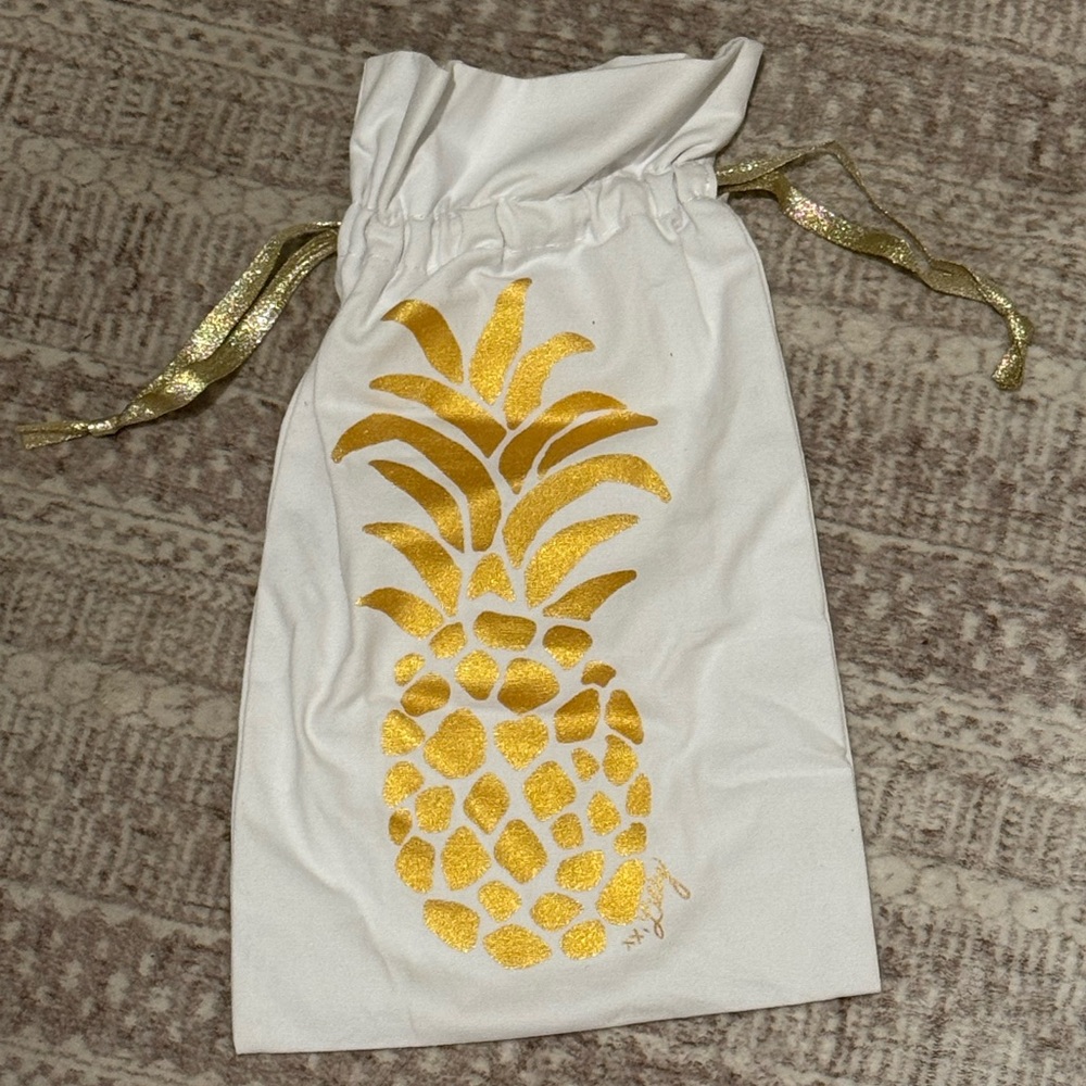 Lilly Pulitzer White Drawstring Bag with Gold Pineapple Design